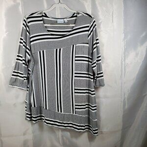 Kim Rogers 3/4 Sleeves Lightweight Tunic Blouse Black White Stripe Wm Sz 2X